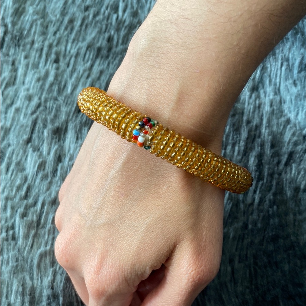 Gold Beaded Bangle Bracelet with four colourful beads “corners”